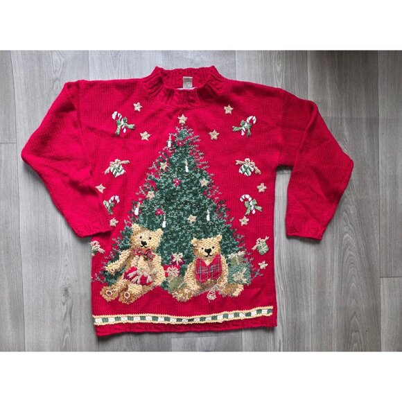 Vintage Casual Corner Red Christmas Sweater Bears & Tree Design M Ramie Cotton W - Picture 3 of 9